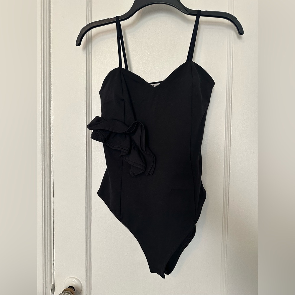 Zara Black One Piece Bodysuit with Side Ruffle Small Side Zip Spaghetti Strap